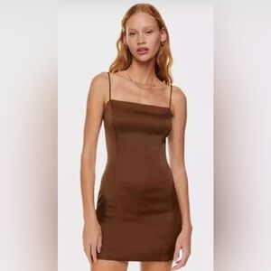 Aritzia Sunday Best Cognac Brown Satin Shimmer Mini Slip Dress